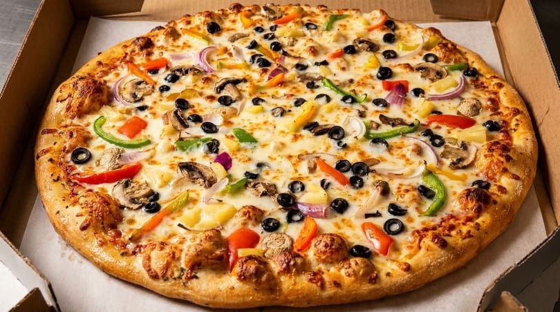 A freshly baked pizza with mushrooms, olives, peppers, onions, and pineapple in a cardboard box.
