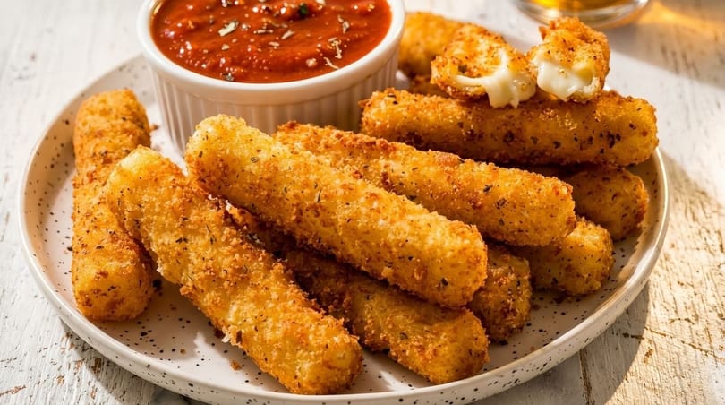 Golden-brown mozzarella sticks with herbs on a white plate, served with a side of marinara sauce.