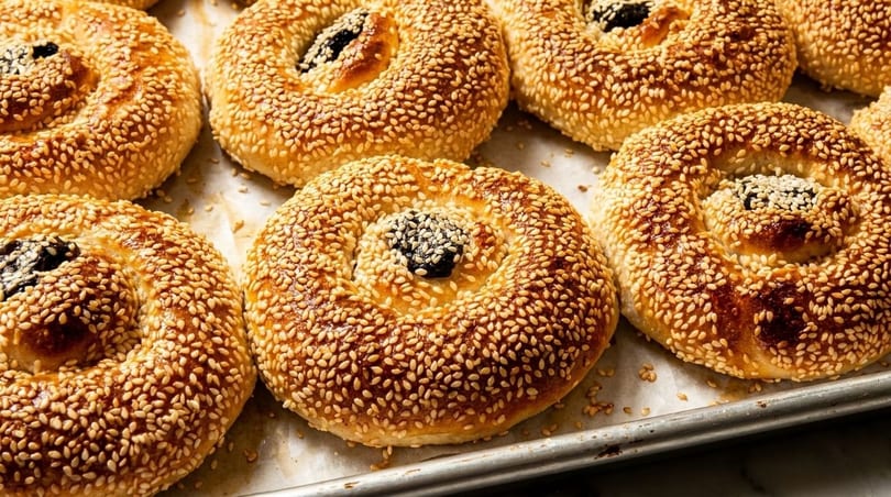 Close-up of freshly baked, golden-brown sesame seed bagels with dark centers on a baking sheet.