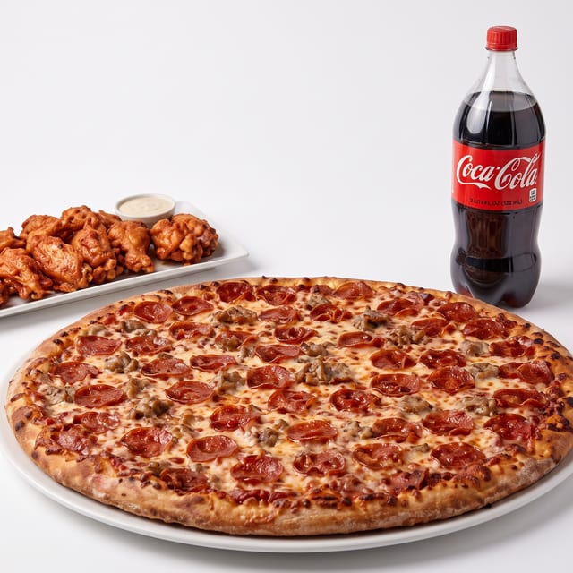 20" Pizza with Two Toppings, 10 Wings & 2 Ltr Soda Special.