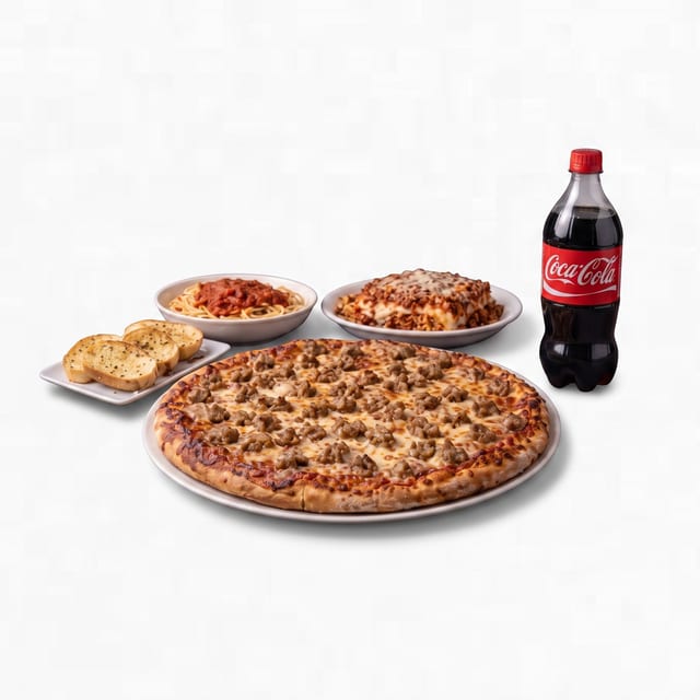 16'' Pizza with Two Toppings, Lasagna or Spaghetti Antipasto Salad, Garlic Bread & 2 Ltr Soda.
